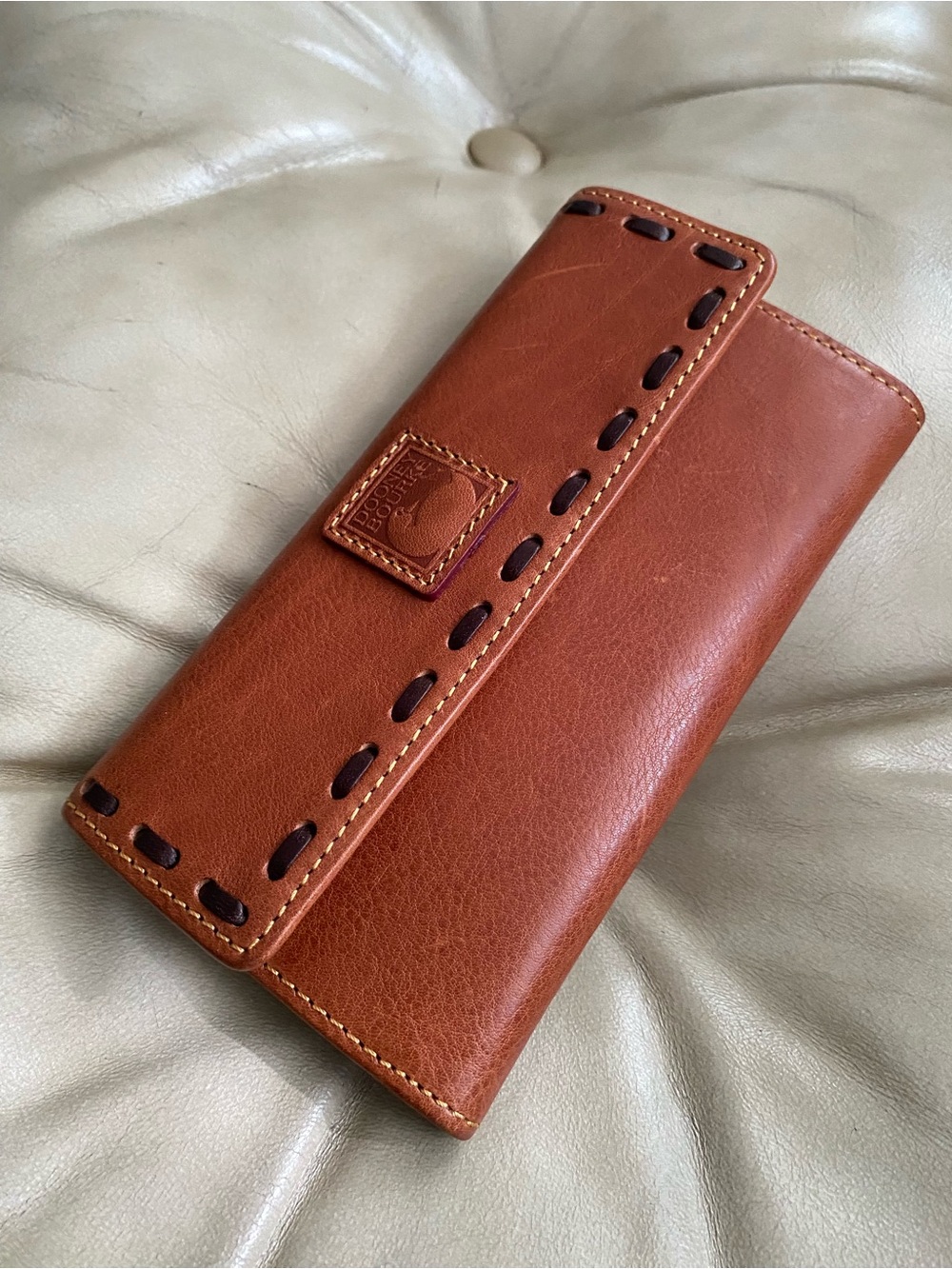 Dooney & Bourke Florentine Whipstitch Wallet Leather Ginger Brown Trifold Long
